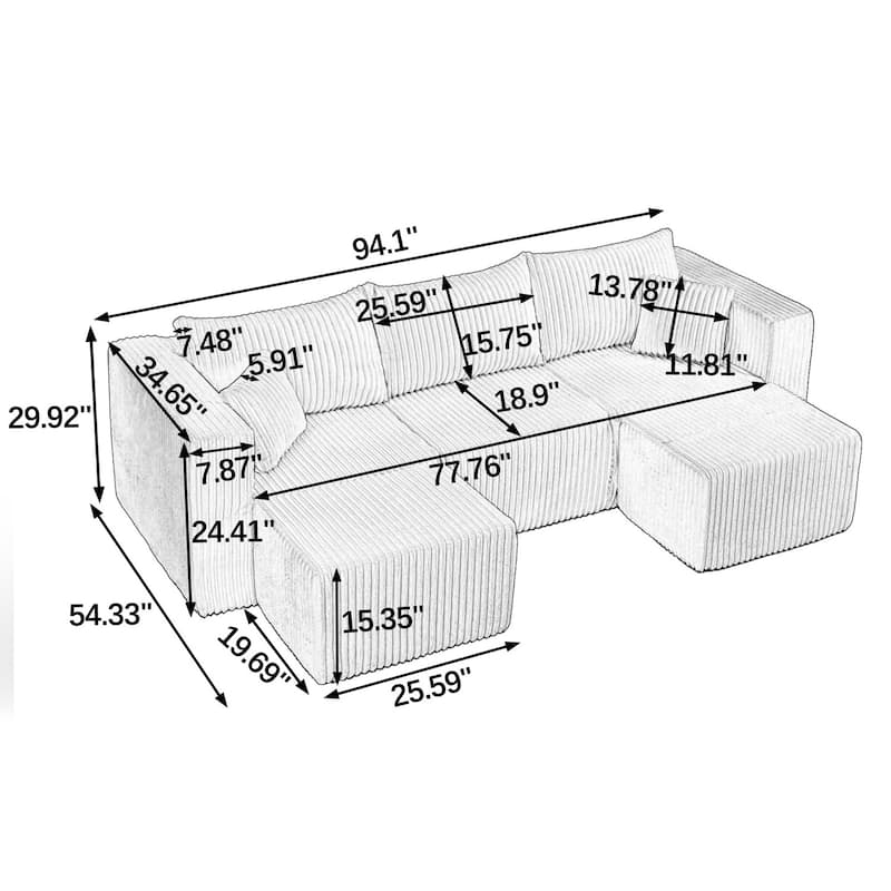 94.1" U-Shaped Sectional Sofa with Two Movable Ottomans