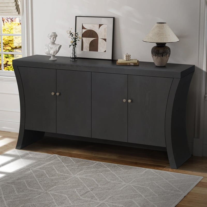 Retro 4-Door Wooden Credenza Cabinets with Solid Legs for Versatile Storage - Black