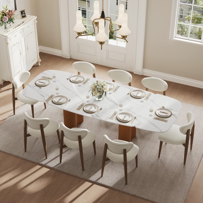 63''-94.5'' Extendable White Sintered Stone Dining Table, Seats 6-10, Double Pedestal