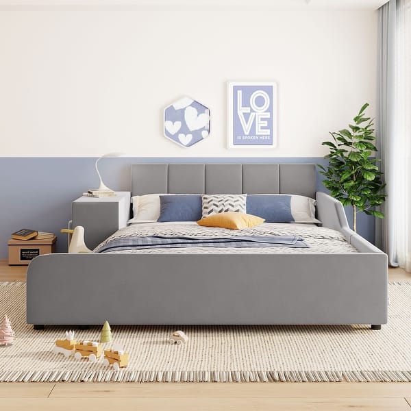 slide 2 of 16, Full Size Upholstered Mother & Child Platform Bed w/ Bedside Desk & Little Round Stool Gray