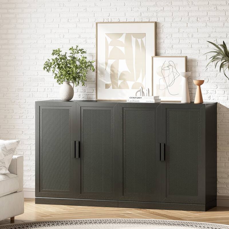 62"LX36"H Solid Wood Kitchen Pantry Sideboard Buffet Cabinet Storage with Rattan Doors - Black