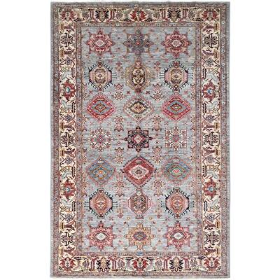 Shahbanu Rugs Metallic Gray All Over Design Soft Wool Densely Woven Afghan Hand Knotted Super Kazak Oriental Rug 6'1"x9'6"