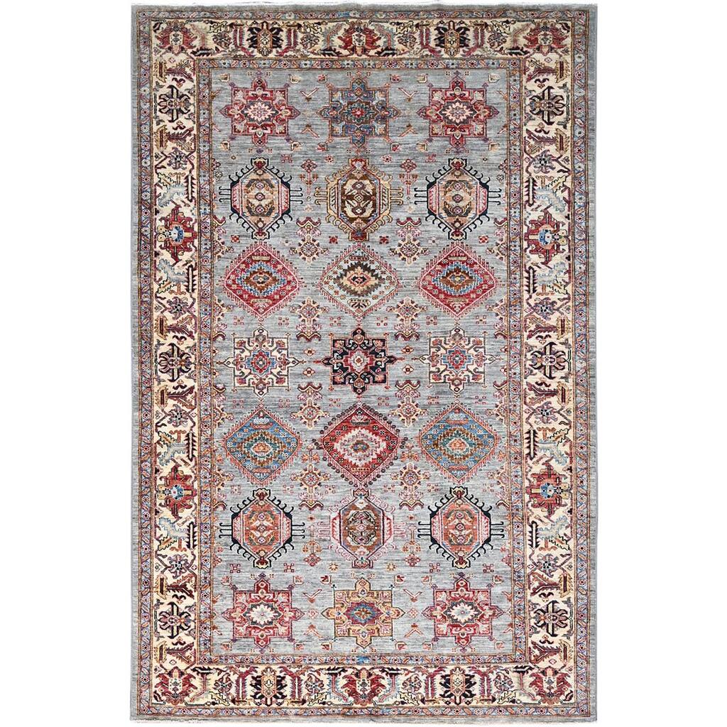 Shahbanu Rugs Metallic Gray All Over Design Soft Wool Densely Woven Afghan Hand Knotted Super Kazak Oriental Rug 6'1"x9'6"