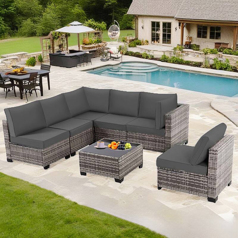 7-Piece Wicker Patio Conversation Set with Cushions,6 Sofas, 1 Table - Dark Gray