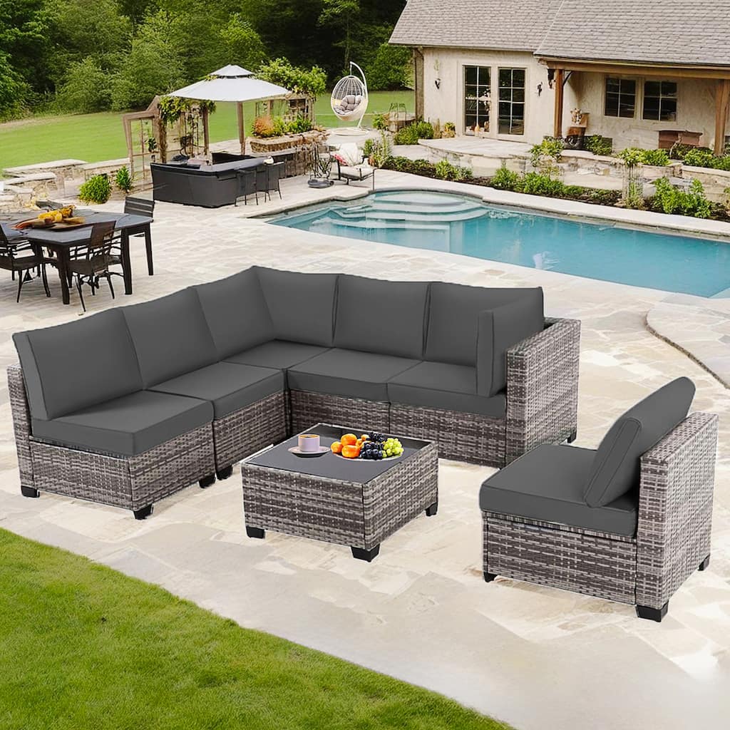 7-Piece Wicker Patio Conversation Set with Cushions,6 Sofas, 1 Table