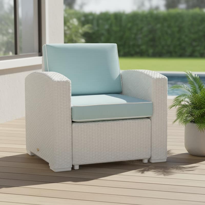 33" White Heavy Duty Plastic Outdoor Club Chair With Aqua Blue Cushion - Blue