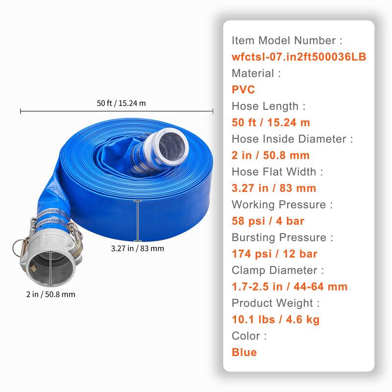 Pool Drain Hose, 2 inch by 50 ft, Durable PVC Material, Includes Aluminum Camlock C & E Connectors and Clamps - 50 ft