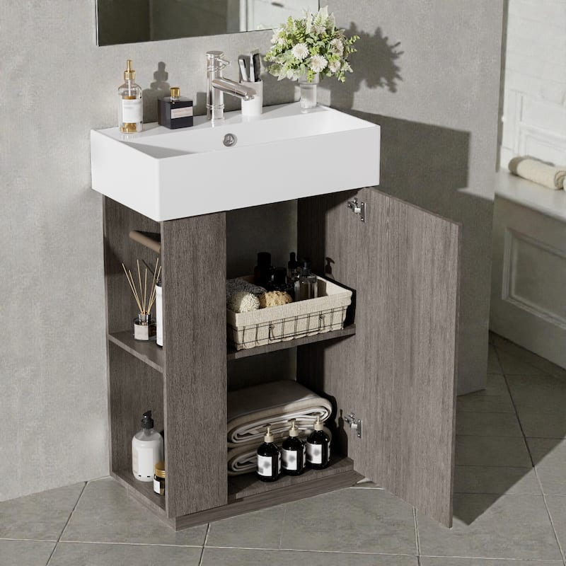 21.6" Bathroom Vanity with Ceramic Sink, Freestanding Wood Grain Cabinet with Soft-Close Door for Small Baths