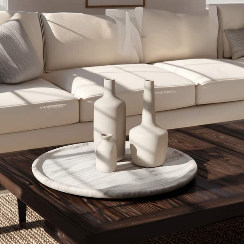 Marble Stone Decorative Tray Round Chiseled Design - 16" Ivory - 16" x 16" x 2"