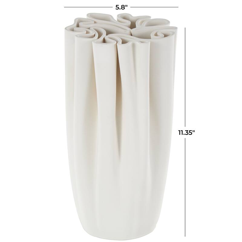 White Ceramic Ribbed Dimensional Folded Abstract Vase with Compact Wavy Rim