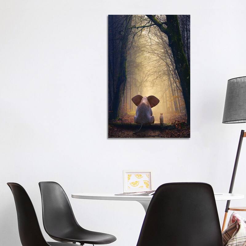 iCanvas "Elephant And Dog Sit In The Autumn Forest" by Mike Kiev Canvas Print - 40x26x1.5
