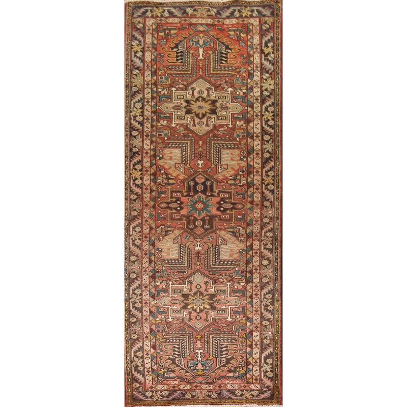 Geometric Handmade Heriz Persian Vintage Runner Rug - 3'5"x 10'7"