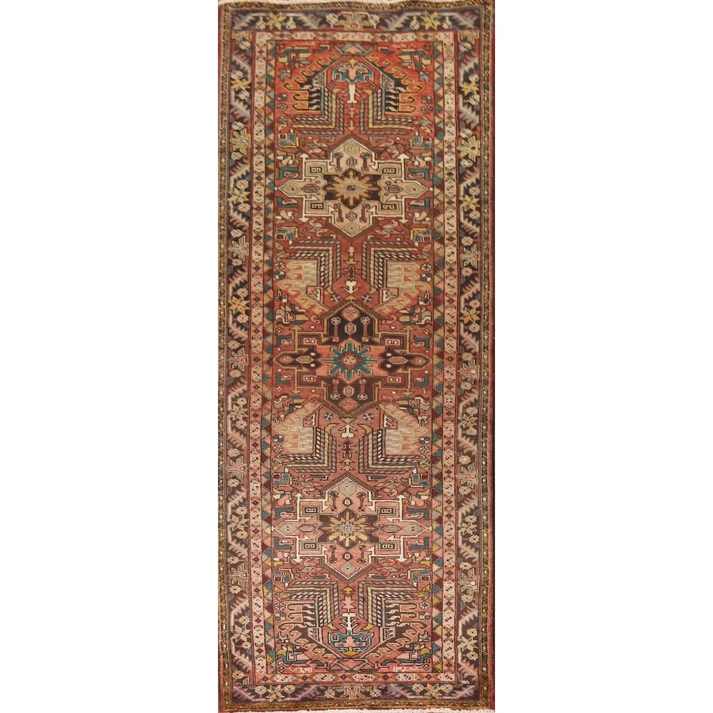 Geometric Handmade Heriz Persian Vintage Runner Rug - 3'5"x 10'7"