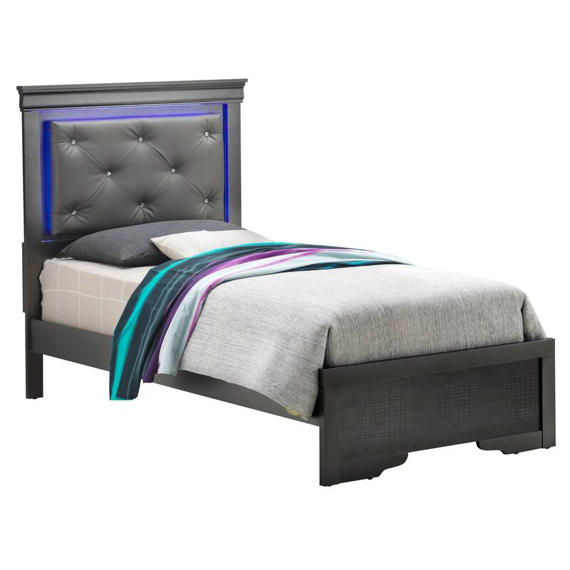 Lorana Button Tufted LED Faux Leather Bed - Charcoal - Twin