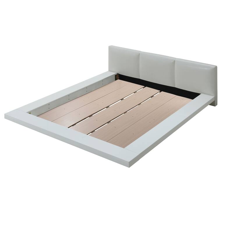 Platform Style Eastern King Size Bed with Leatherette Headboard, White