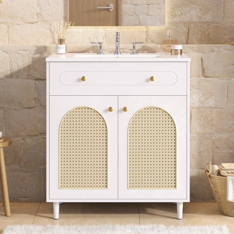 30" Bathroom Vanity with Ceramic Sink - Solid Wood Frame Cabinet with Adjustable Shelf, Tip-Drawer & Rattan Panels