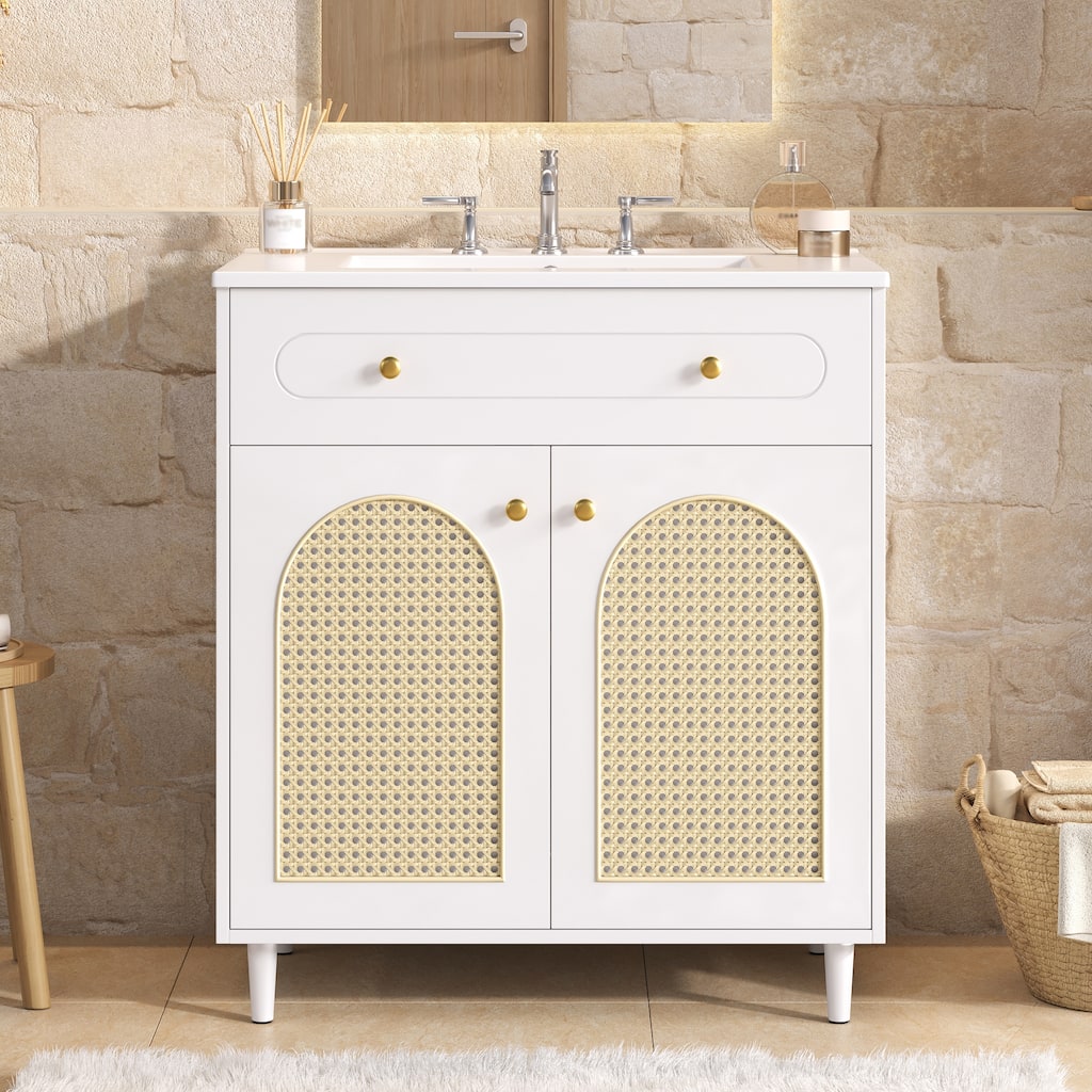 Woven Rattan Bathroom Vanity / Single Ceramic Sink Bathroom Cabinet