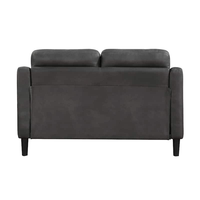 Orry 55 Inch Loveseat, Button Tufted Back, Gray Microfiber Black Solid Wood