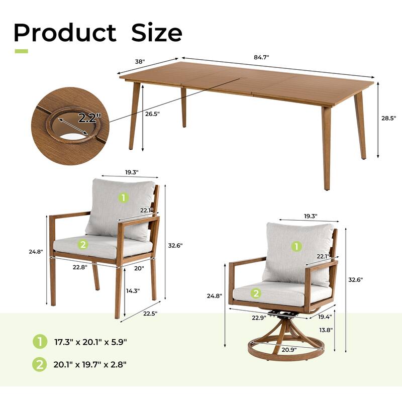Riviera 9-Piece Brown Aluminum Patio Dining Set with Rectangular Table, 2 Swivel Dining Chairs and Light Gray Cushions