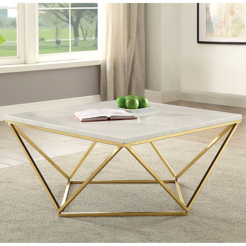 Modern Geometric Design Coffee Table Gold with White Carrera Marble-like Top
