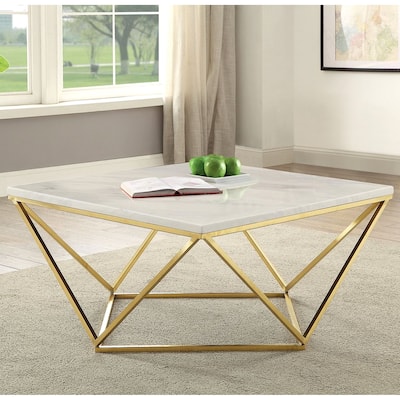 Modern Geometric Design Coffee Table Gold with White Carrera Marble-like Top