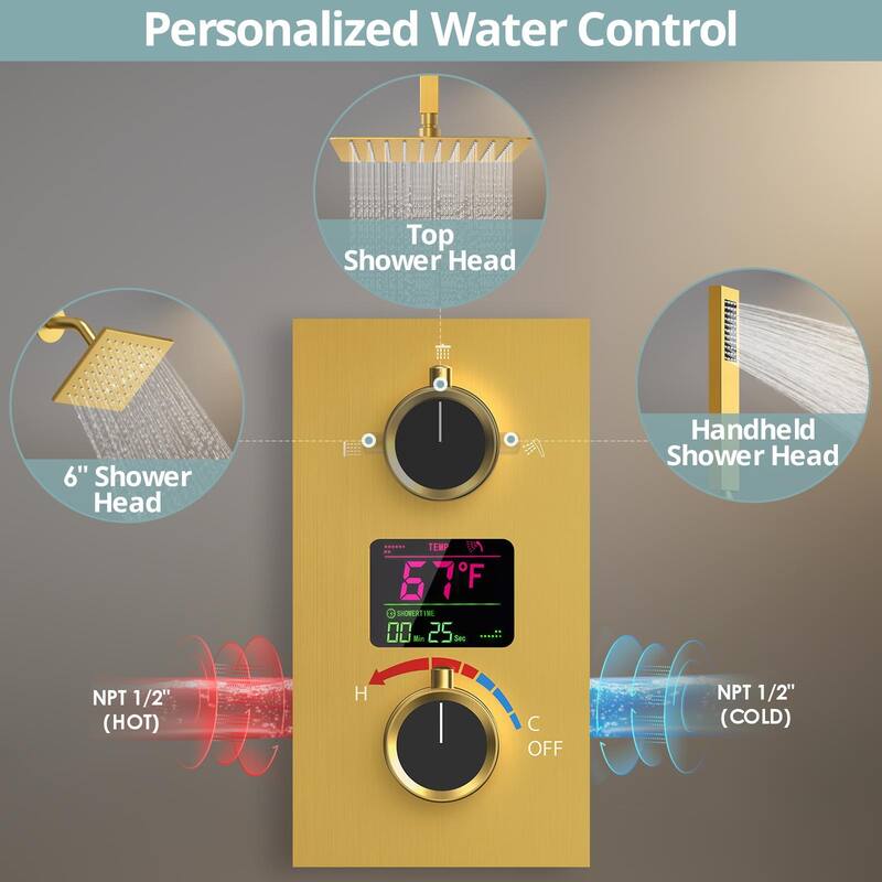 Dual Heads 12" Rainfall & High Pressure 6" Shower System w/ 3 Way Digital Display Faucet