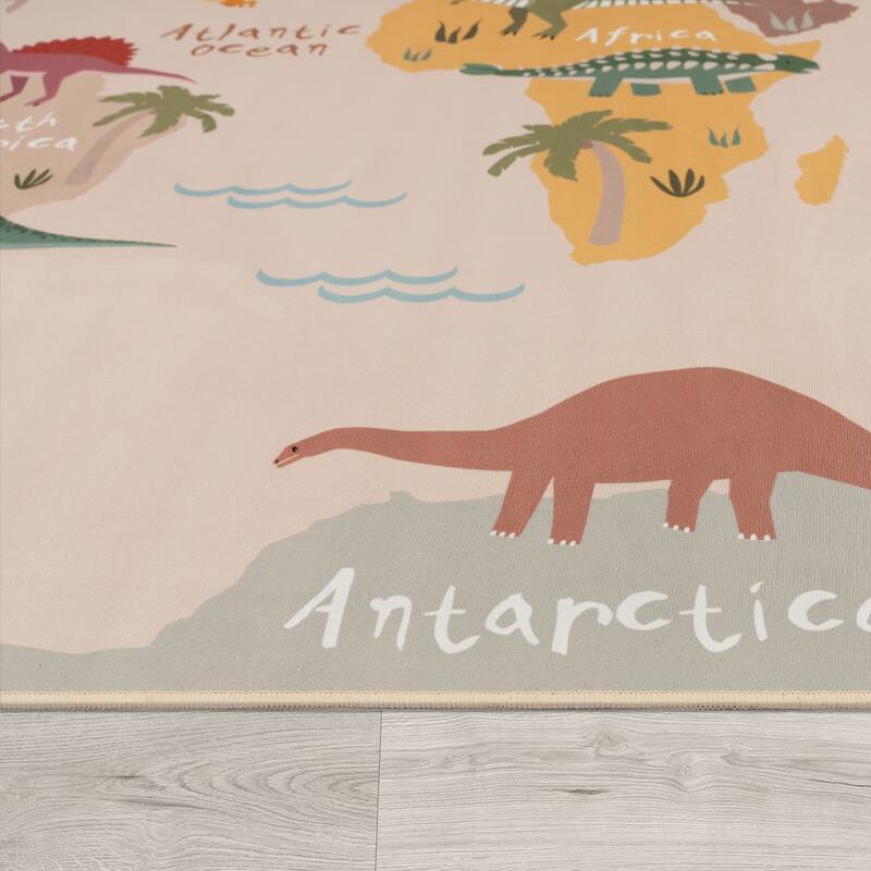 Kids Rug Play Mat with World Map & Dinosaurs in Beige