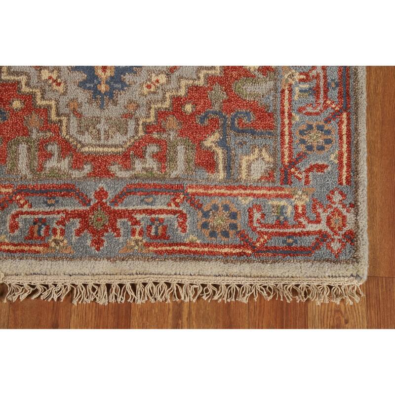 Hand Knotted Oriental 100% Wool Carpet Traditional Geometric Greys & Charcoal Heriz (serapi) Runner Rug - 7' 11'' X 2' 7''