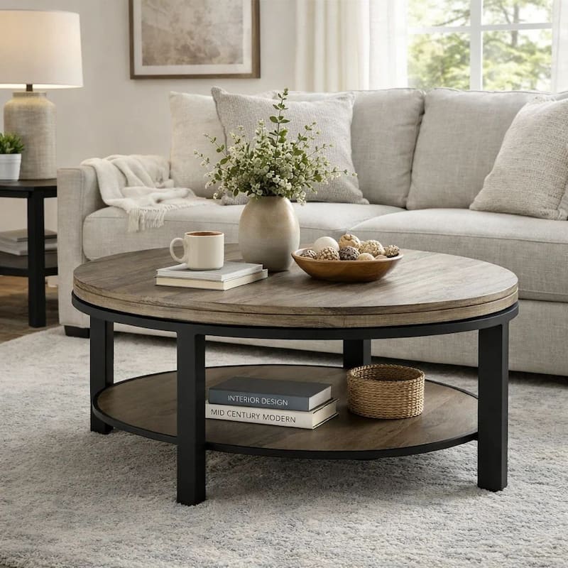 Cyon 40 Inch Round Coffee Table, Black Metal Frame, Gray Wood, Open Shelf