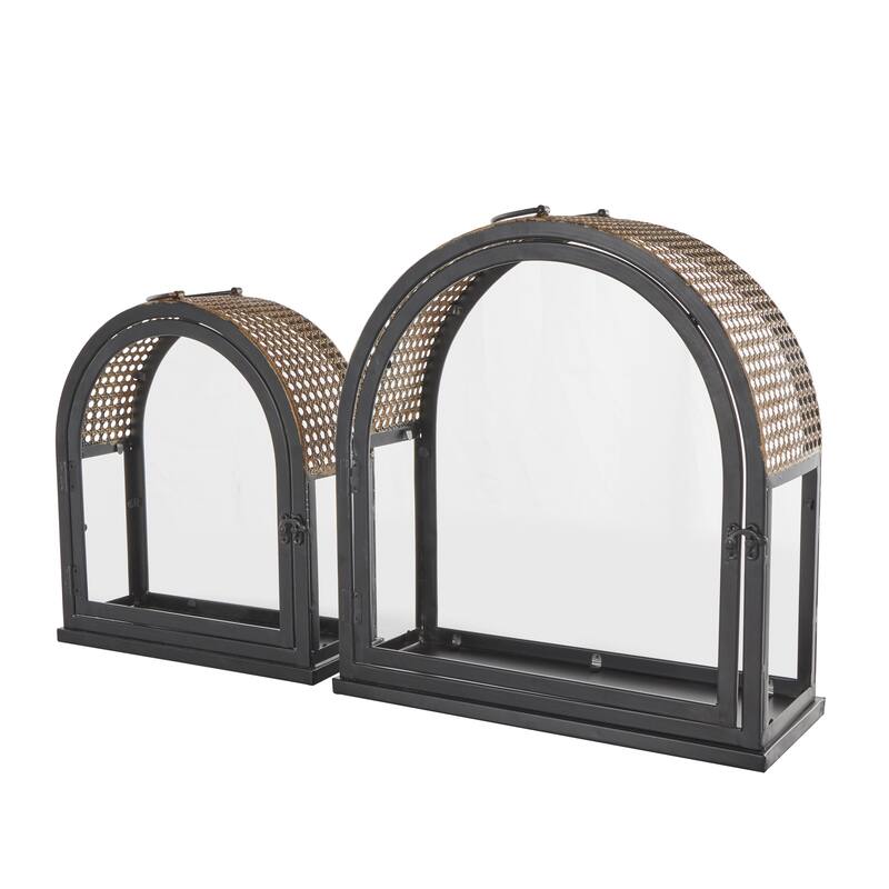 Metal Arched Indoor Outdoor Candle Lantern with Cane Inspired Gold Tops - Set of 2 Black - Roche River Decor