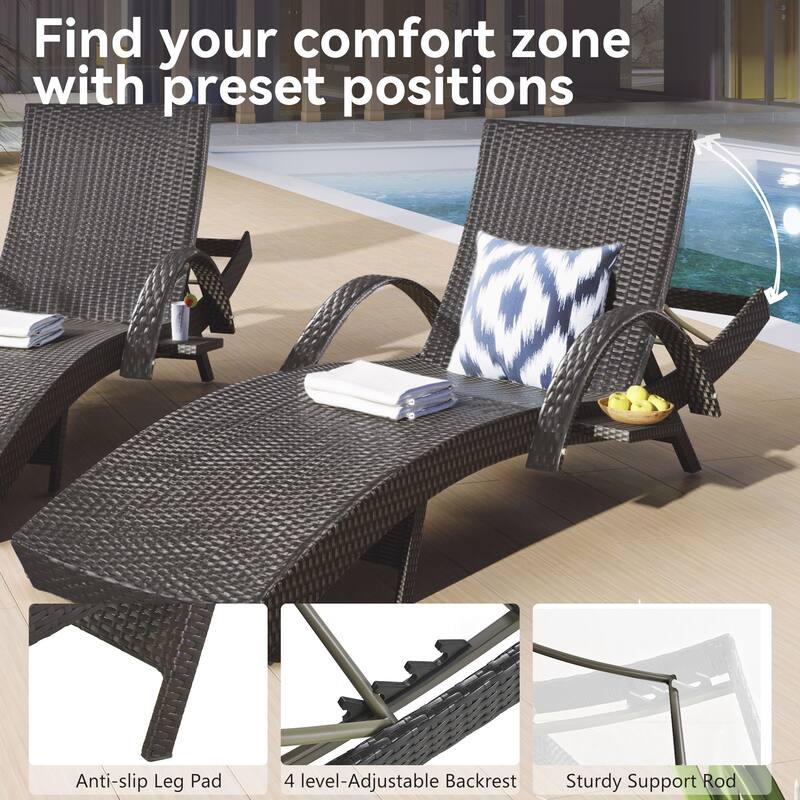 Outdoor Wicker Chaise Lounge w/Adjustable Backrest，Patio Reclining Chair w/Pull-out Side Table