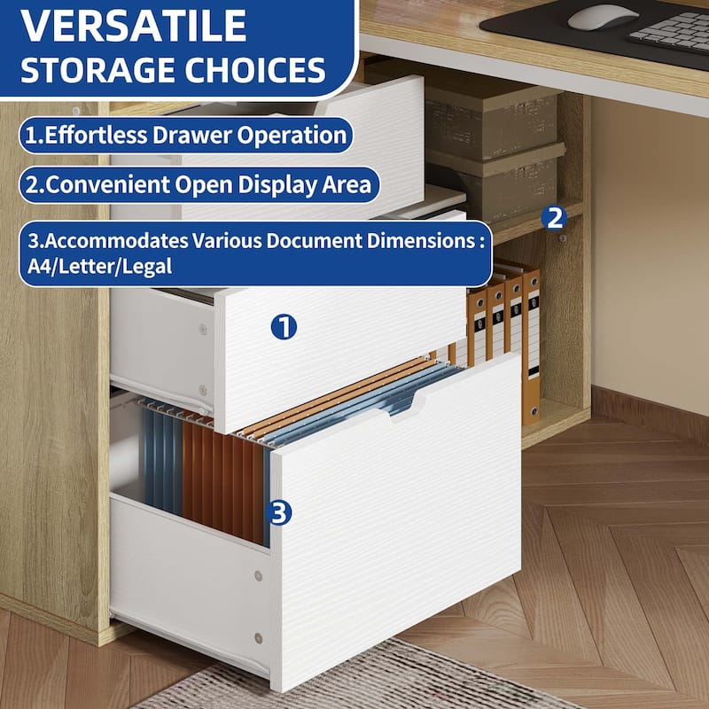 Moasis LED L-Shaped Desk with Drawers and Filing Cabinet, Home Corner Gaming Desk w/USB Ports