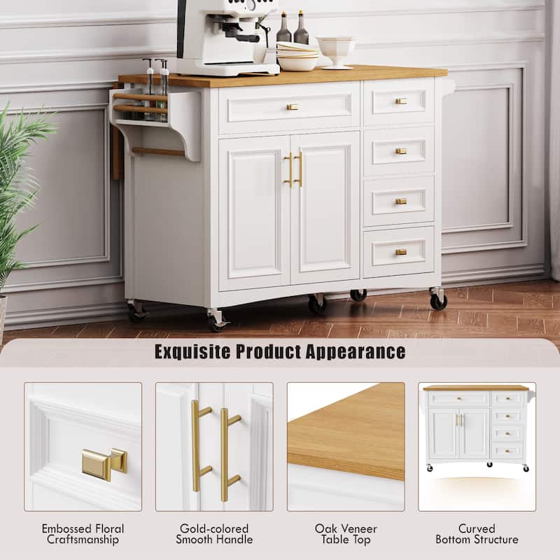 Mobile Kitchen Island with Five Drawers Adjustable Shelf and Spice Rack