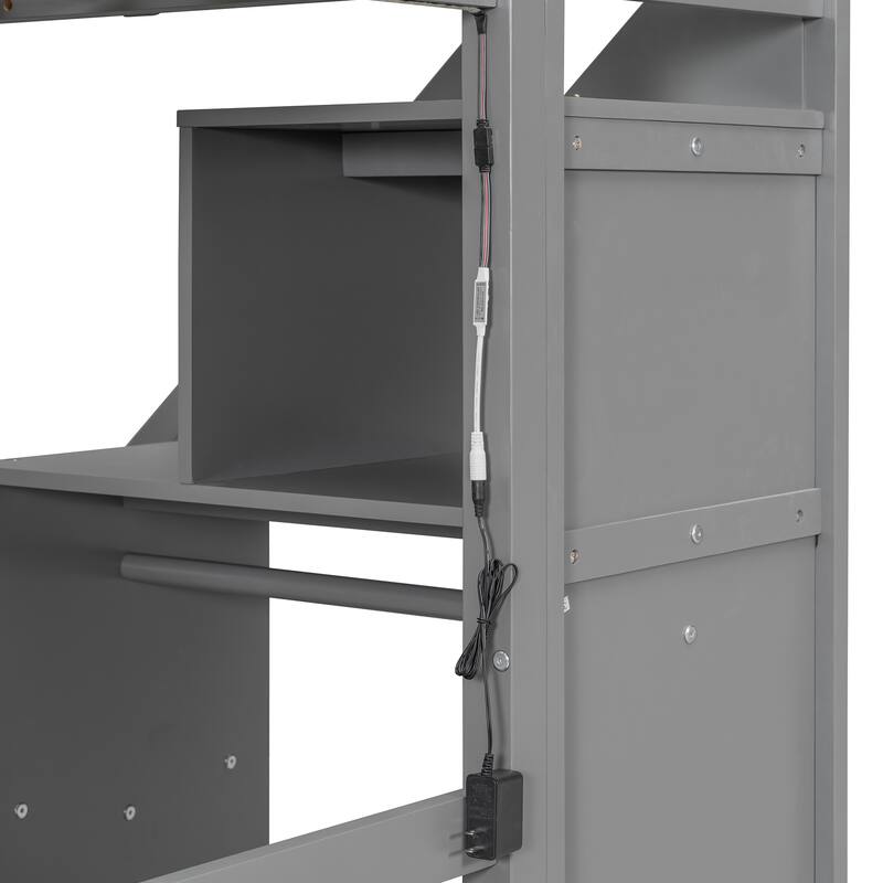 Roomfitters Twin/Full Size Loft Bed with Desk, Two Chests of Storage Drawers and Lighting