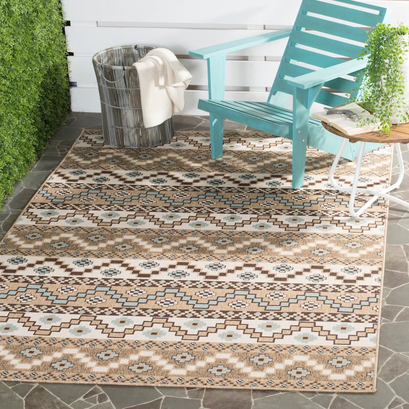 SAFAVIEH Veranda Rudy Indoor/ Outdoor Waterproof Patio Backyard Rug - 4' x 5'7" - Creme/Brown
