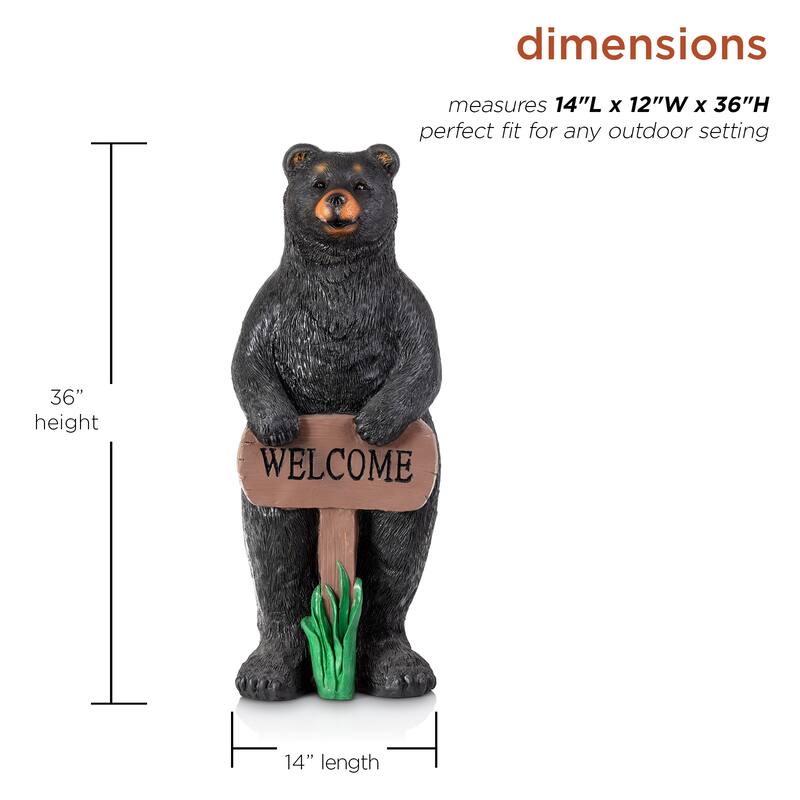 Alpine Corporation 36" Tall Outdoor Standing Black Bear with Welcome Sign Yard Statue Decoration