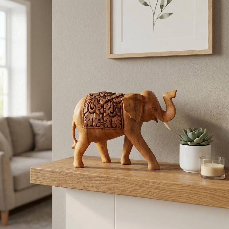 Wooden Hand Carved Thai Elephant Statue Figurine Sculpture Art Decorative Rustic Home Decor Accent Handmade Wood
