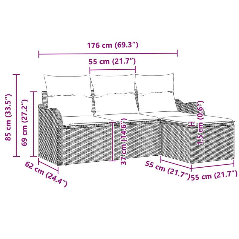 vidaXL 4 Garden Sofa Set with Cushions Black/Brown/Grey Synthetic Rattan - 69.3 x 24.4 x 27.2