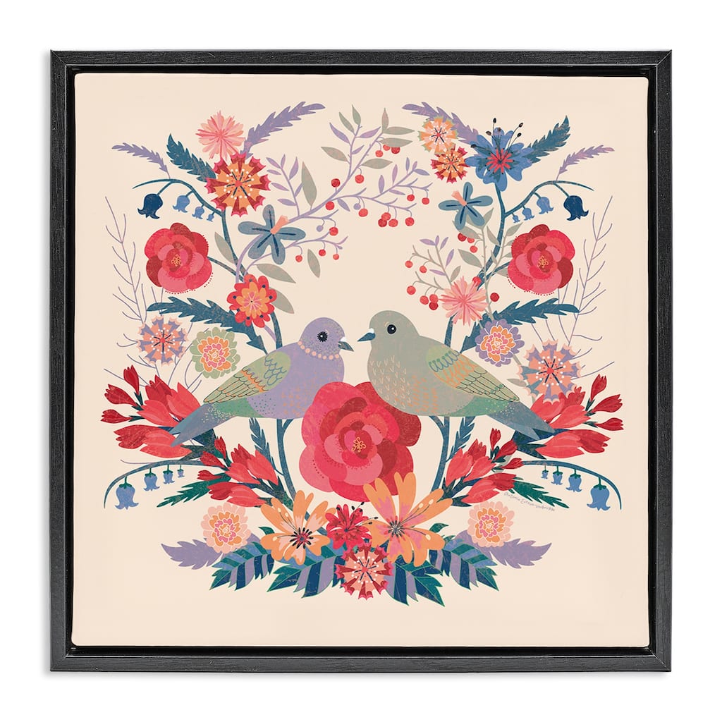 Stupell Symmetrical Folk Flowers & Birds Framed Floater Canvas Wall Art Design By Verbrugge Watercolor