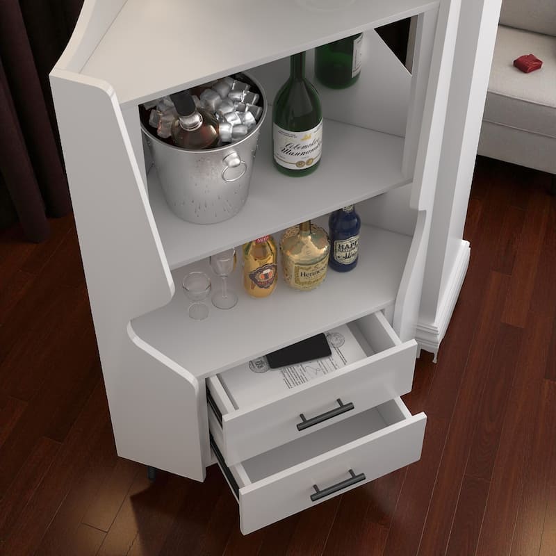 Modern Wooden Corner Bar Cabinet with Mirrored Back, 2 Drawers and Open Shelves, Buffet Sideboard for Dining or Living Room