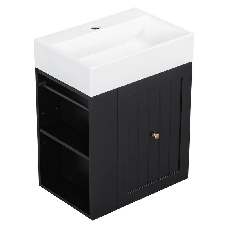 20 Inch Wall-mounted Bathroom Vanity with Ceramic Sink, Floating Bathroom Vanity Cabinet with Side Shelf for Small Bathrooms