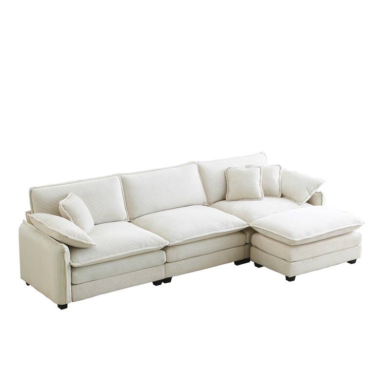 Beige 4-piece Corduroy Upholstered L-Shaped Modular Sectional Sofa with Removable Ottoman, 5 Pillows, and Free Combination