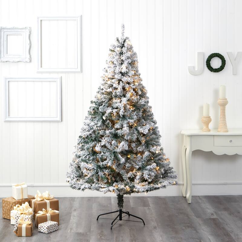 7' Flocked Rock Spruce Artificial Christmas Tree, Clear LED Lights - 7 Foot