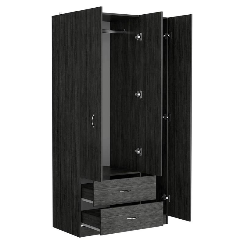 18.5" Modern Three-door Armoire with Hanging Rod, Four Interior Shelves and Two Bottom Drawers