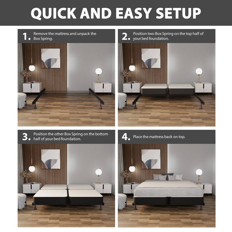 Onetan 4-Inch Wooden Box Spring, Low Profile Split Bed Foundation Ideal for Mattress, No Assembly Needed, White & black.