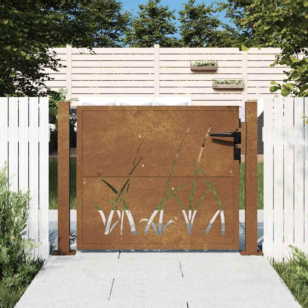 vidaXL Garden Gate Decorative Door Outdoor Fence Corten Steel Grass Design - 43.3 x 41.3"