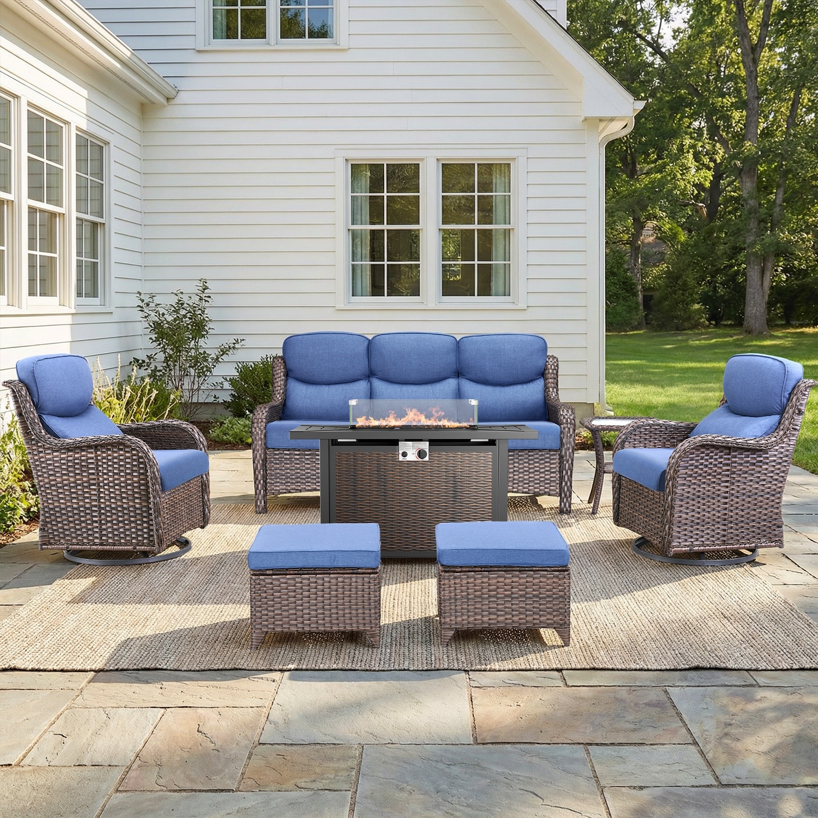 Pocassy Patio Sofa Swivel Chair Set with 43" Fire Pit Table