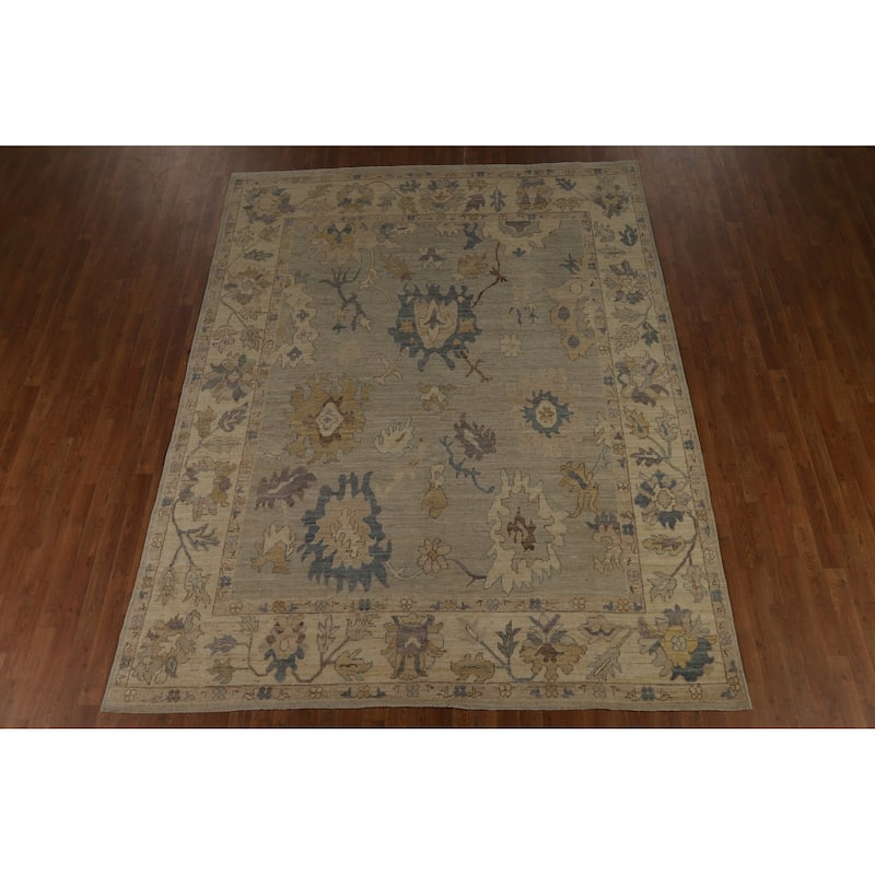 Vegetable Dye Floral Beige Oushak Turkish Rug Hand-Knotted Wool Carpet - 7'10" x 10'0"