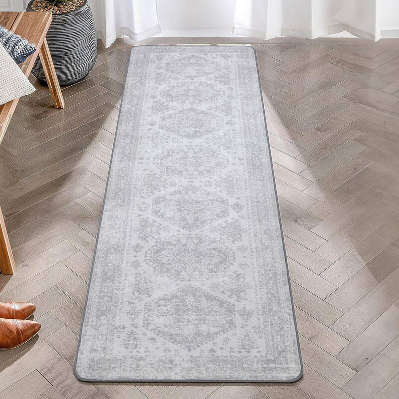Mcow Floral Faded Low Pile Machine Washable Non-Slip Area Rug