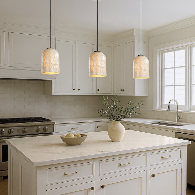 1-Light 7'' Modern Farmhouse Natural Capiz Seashell Single Pendant Light Coastal Cylinder Hanging Light For Kitchen - W7'' - W7'' - Matte Black